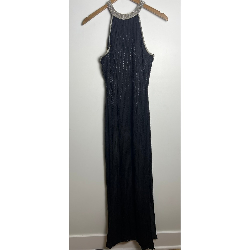 VTG SM Black Beaded Halter Neck Gown Silver Open Back‎ Cage Detail Formal Dress